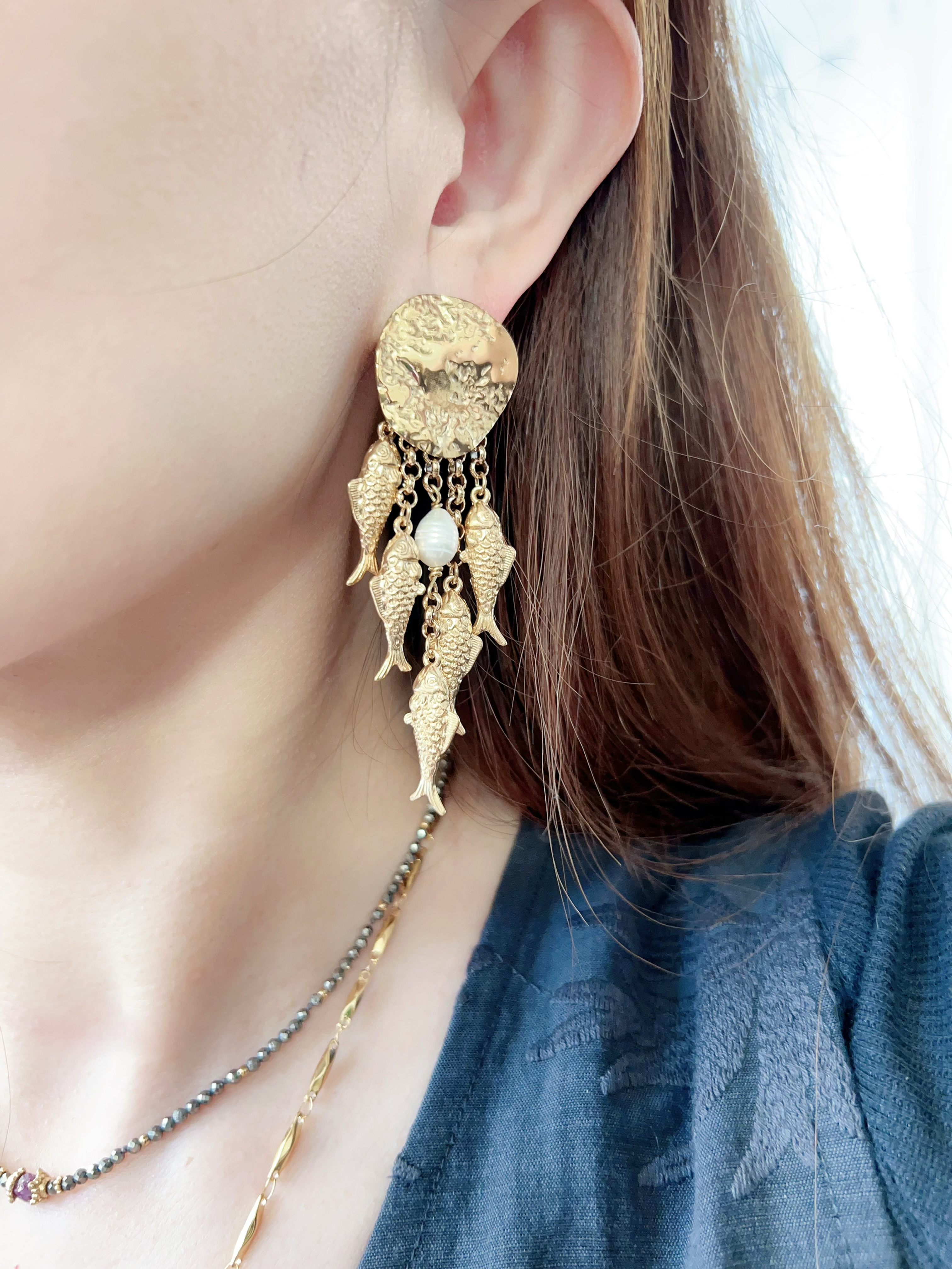 Boucles d'oreilles HABAHA -  martelés 5 poissons doré
