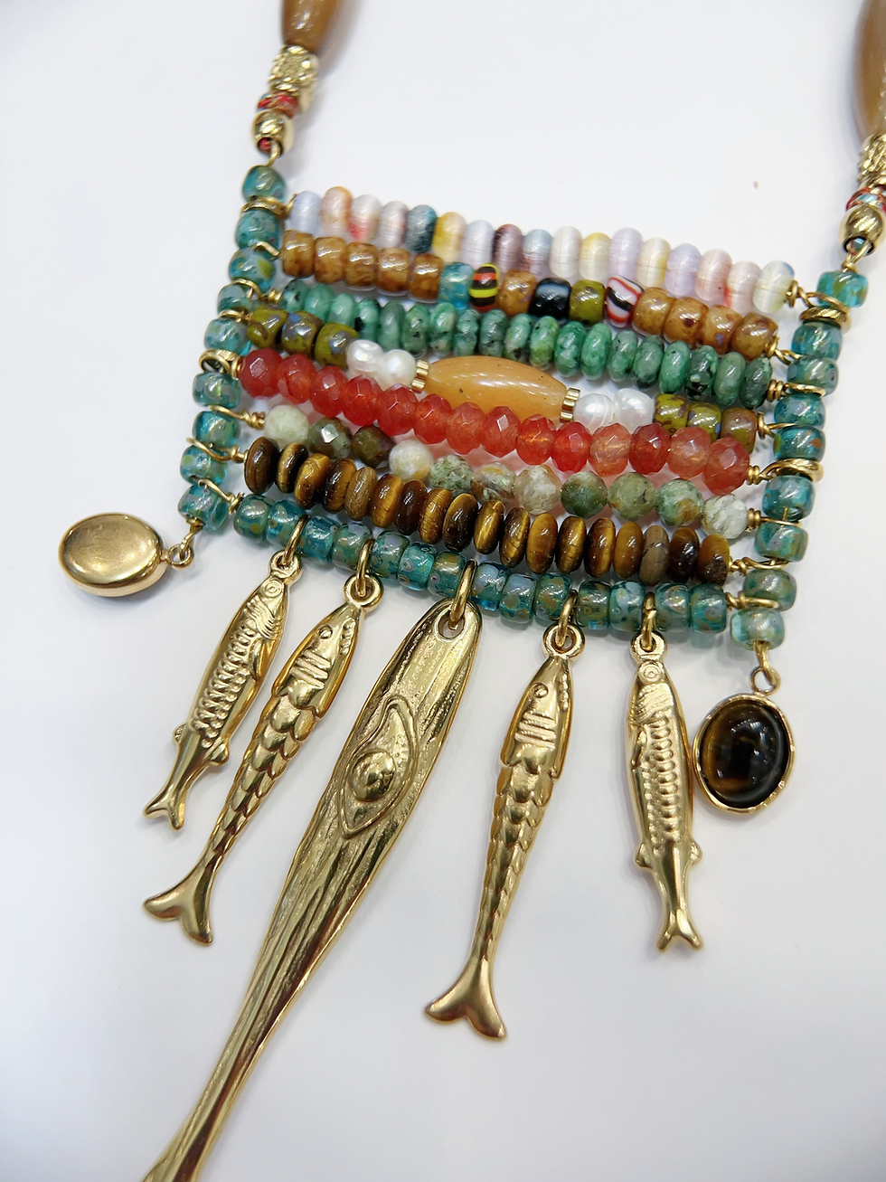 Miniature : Sautoir HABAHA -  fil rondelle long agate pampilles poissons