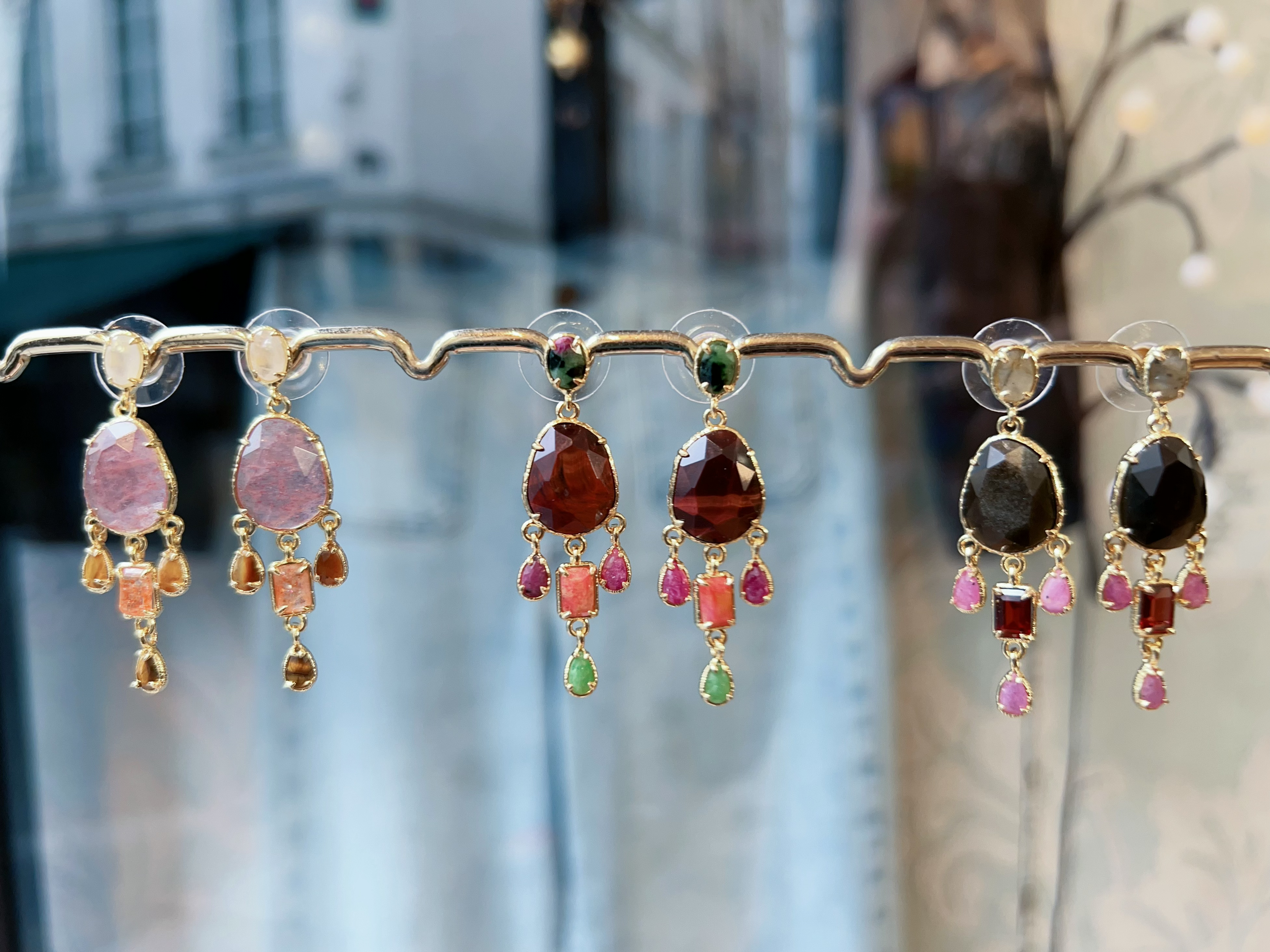 Boucles d'oreilles HABAHA - pierres ovaloïdes 3 franges