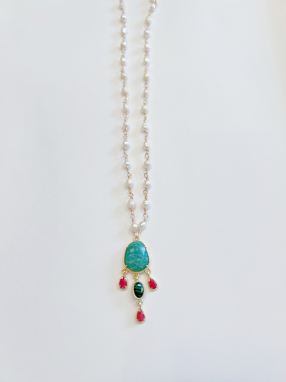 Thumbnail: Collier HABAHA - chaine perles d'eau pendentif Amazonite/Malachite/Tourmaline