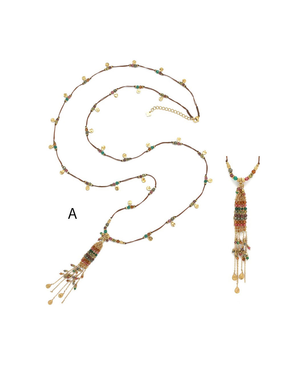 Thumbnail: Sautoir HABAHA - fil perlé pendentif fil tressé pierres franges