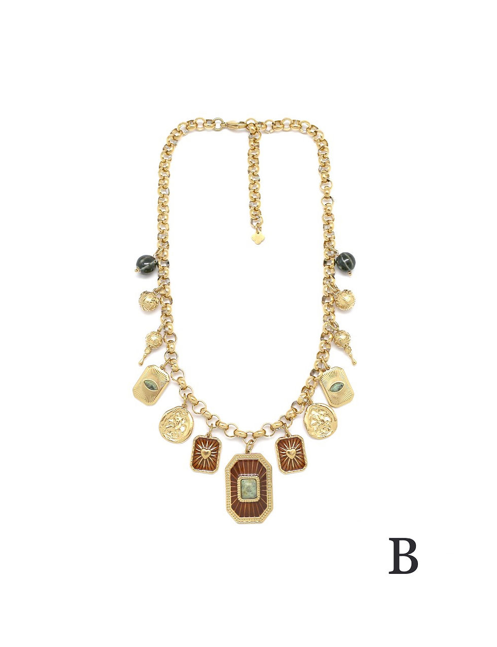 Thumbnail: Collier - HABAHA - maillon jaseron pampilles maracas plaque vert/marron