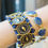 Miniature : Bracelet HABAHA - manchette soie bleu marine 7 sequins rectangles oeil