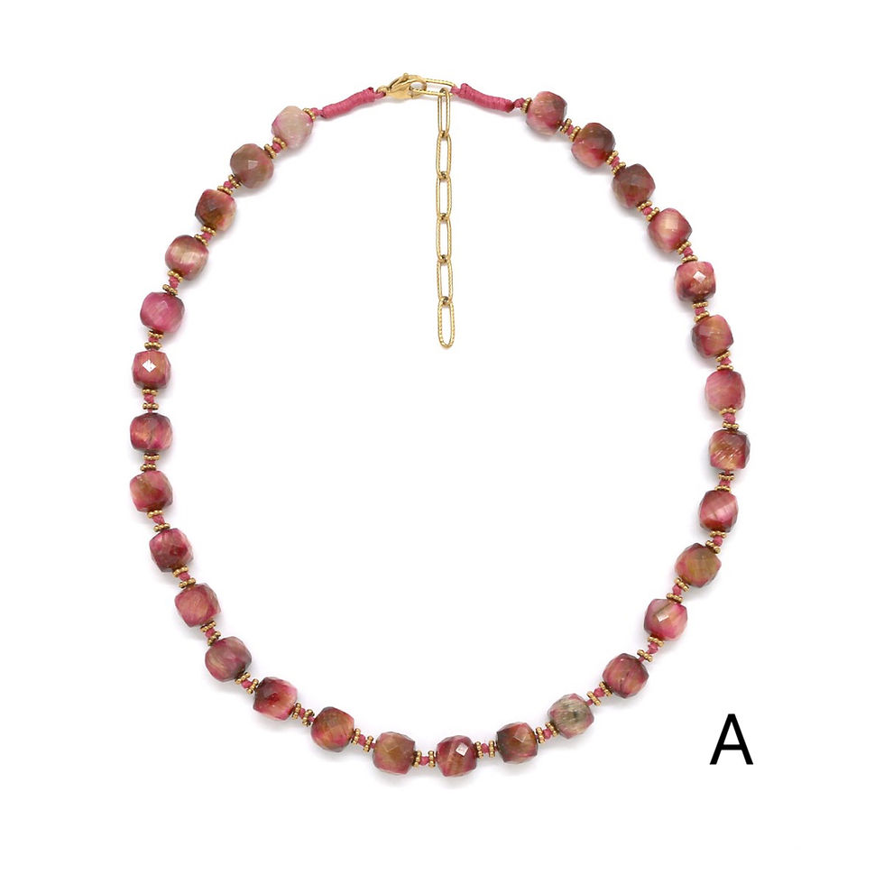Thumbnail: Collier HABAHA - cube facetté oeil de tigre teinté vert et rose et bleu