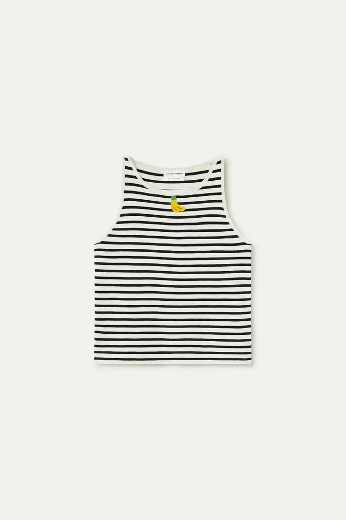 Thumbnail: COMPANIA FANTASTICA - Haut rayé noir et blanc avec broderie banane