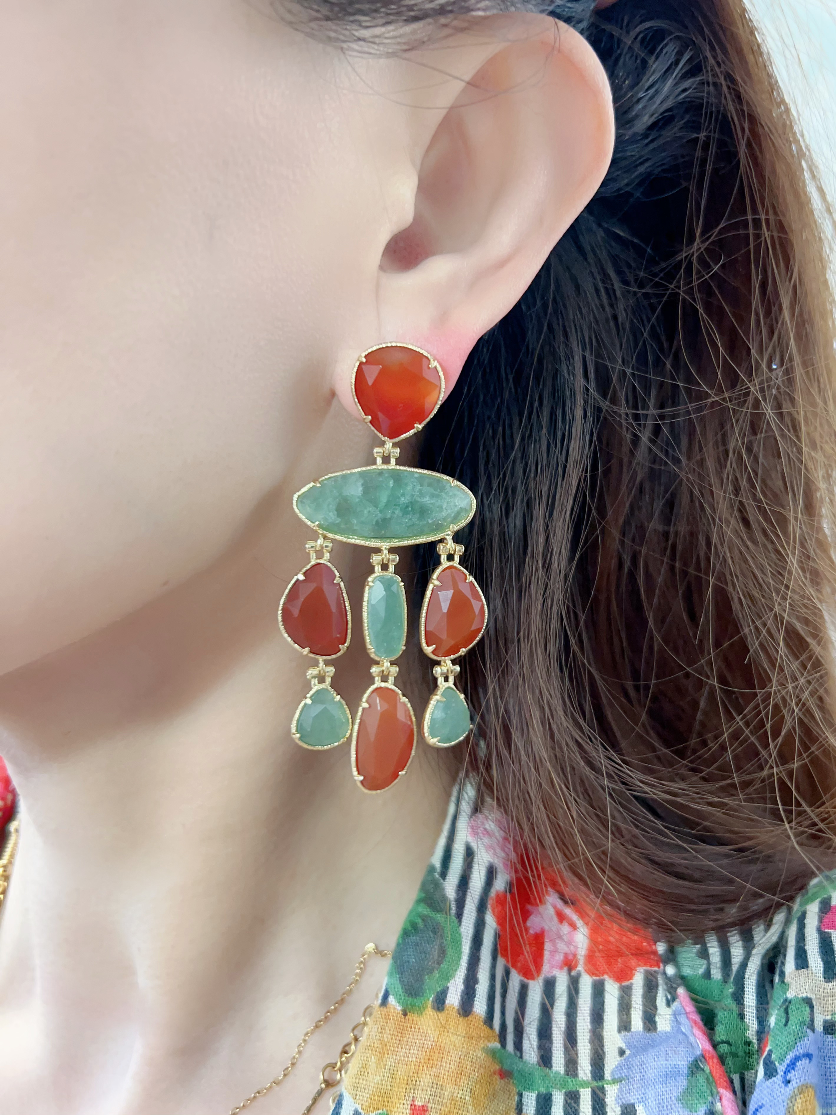 Boucles d'oreilles HABAHA - chandelier quartz vert /cornaline