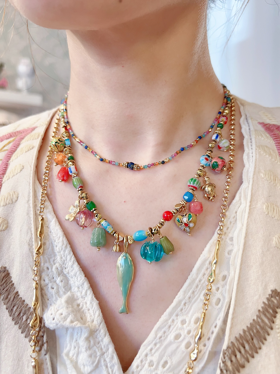 Miniature : Collier - Habaha Paris - Collier pampilles chaine perlé fin poisson
