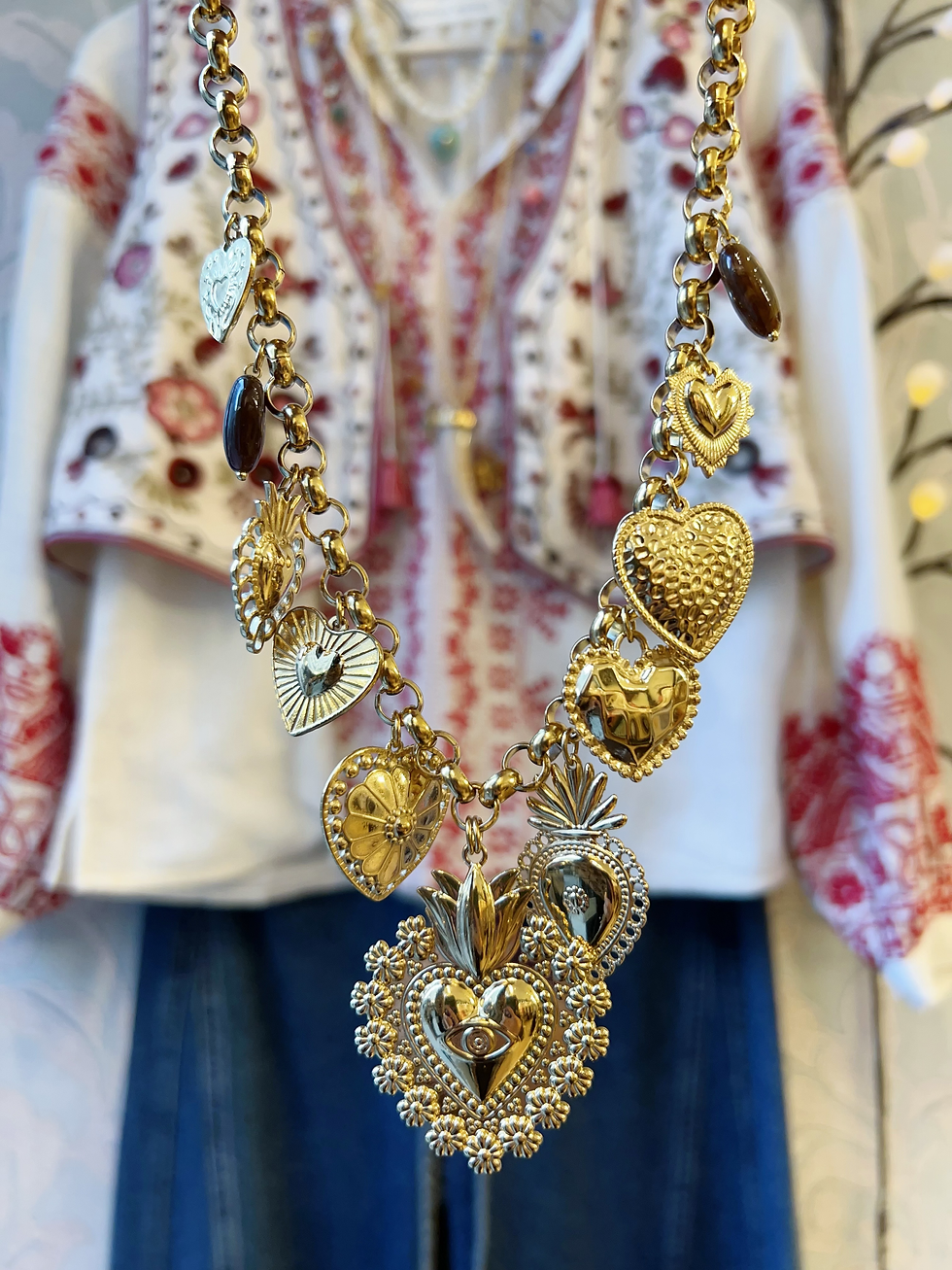 Miniature : Collier HABAHA - maille jaseron pampilles coeurs résine