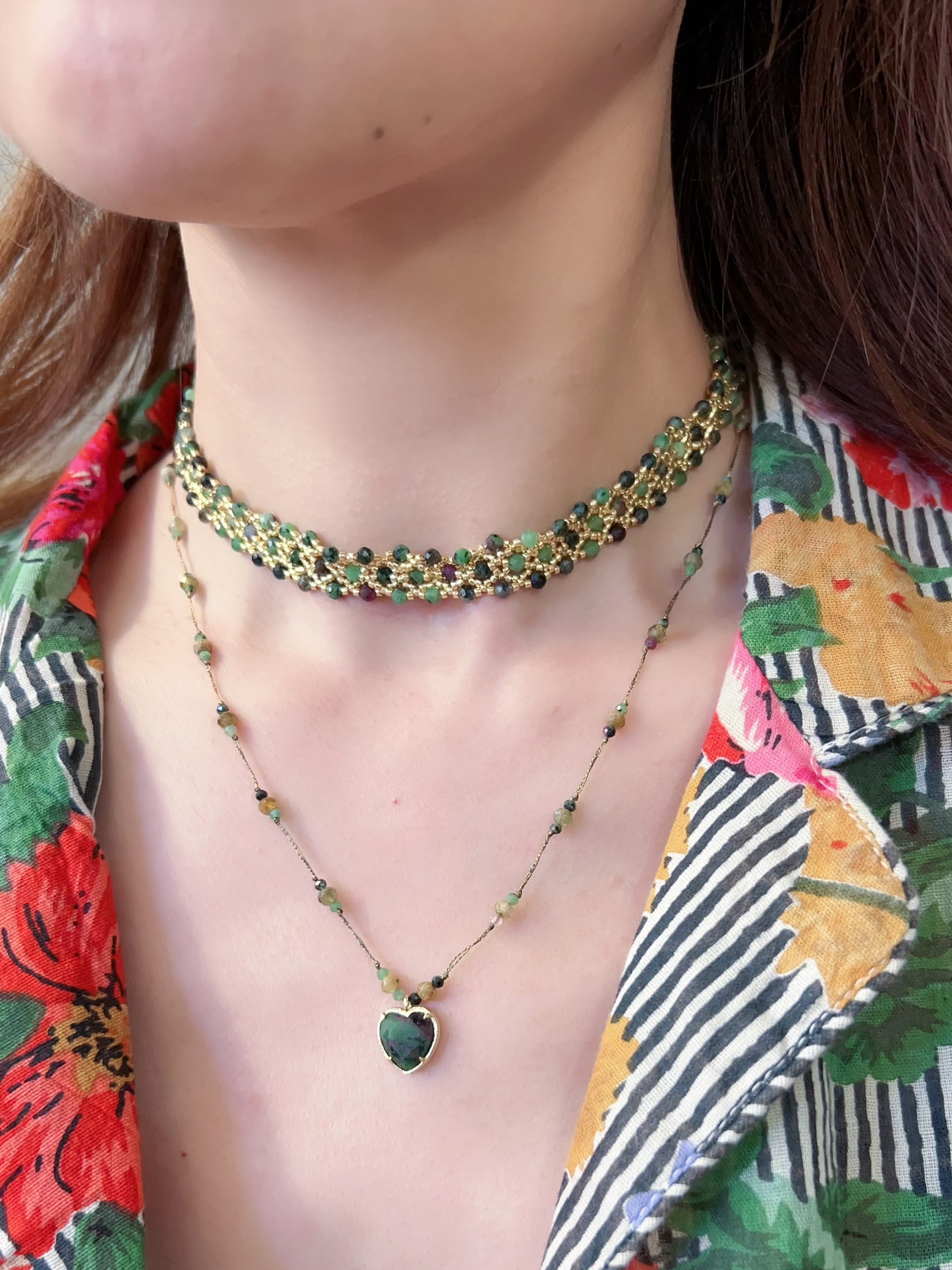Collier HABAHA - choker tressé 3 lignes perle pierre
