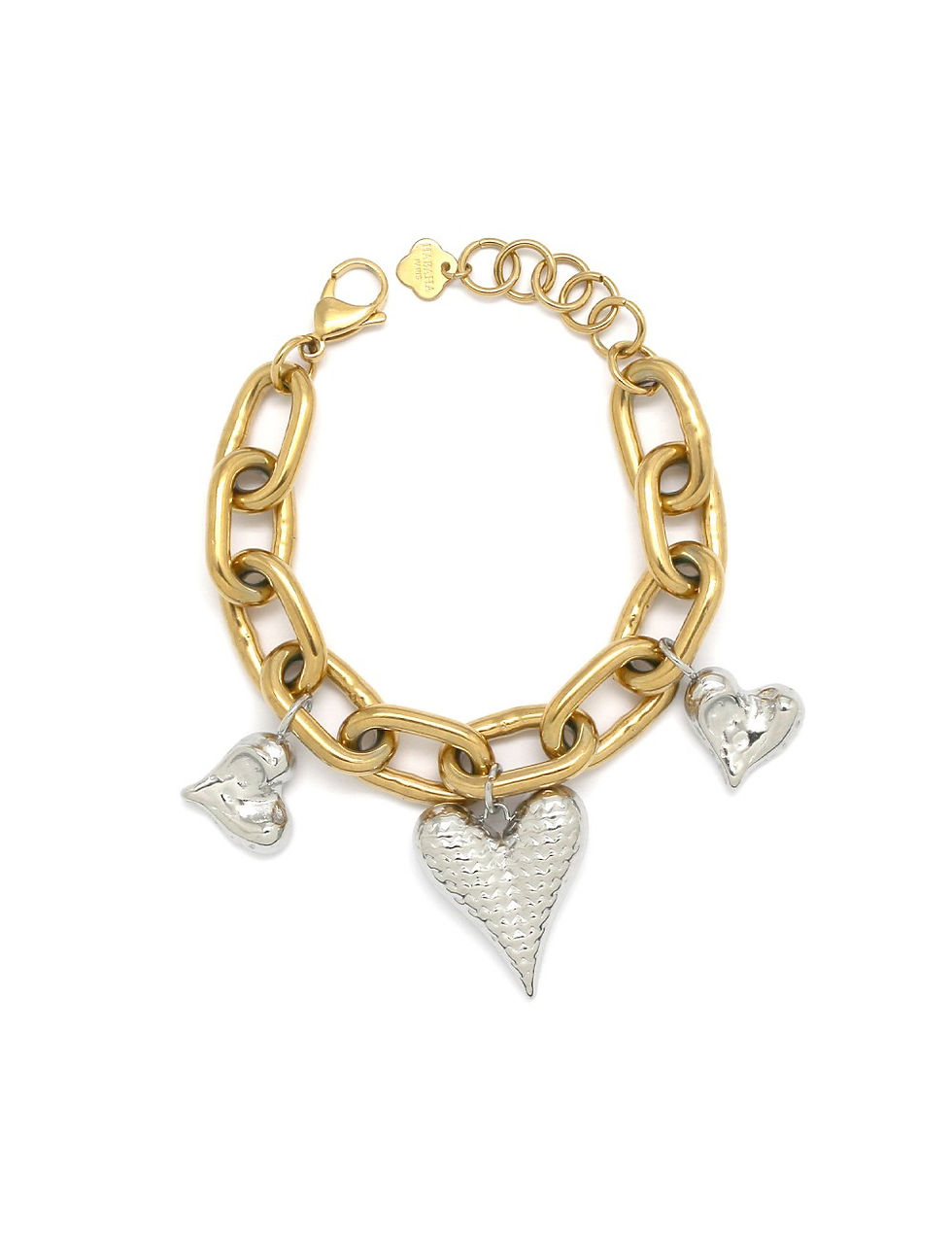 Thumbnail: Bracelet HABAHA - massif chaine gros maillons rectangle 3 coeurs argenté