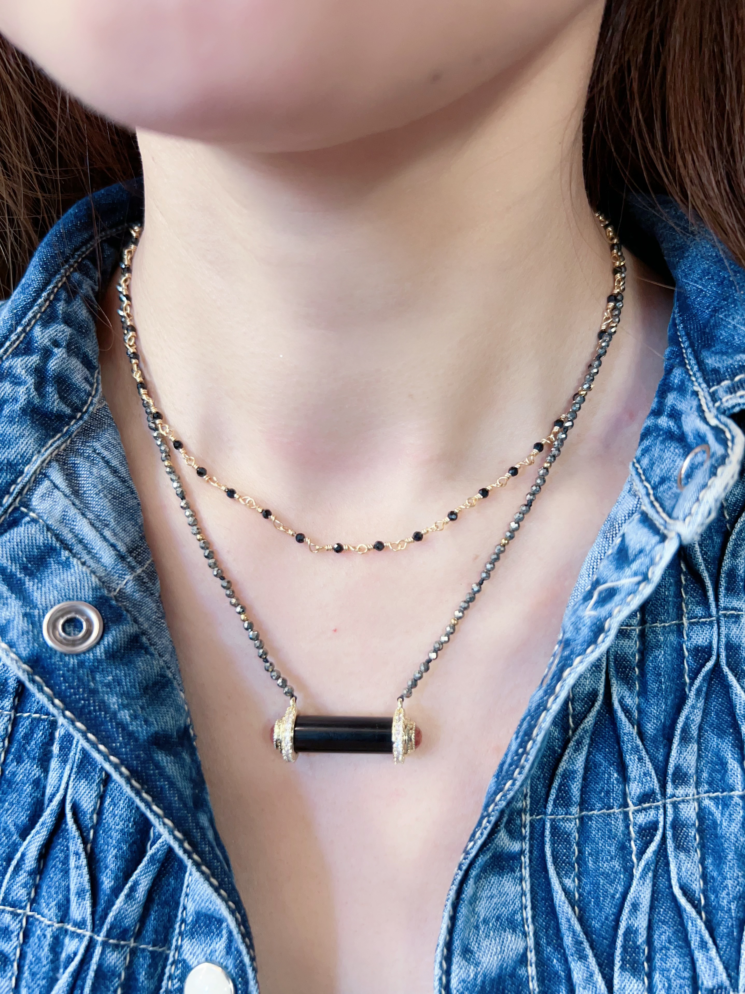 Collier pierres cylindre onyx/ oeil de tige/oeil de taureau