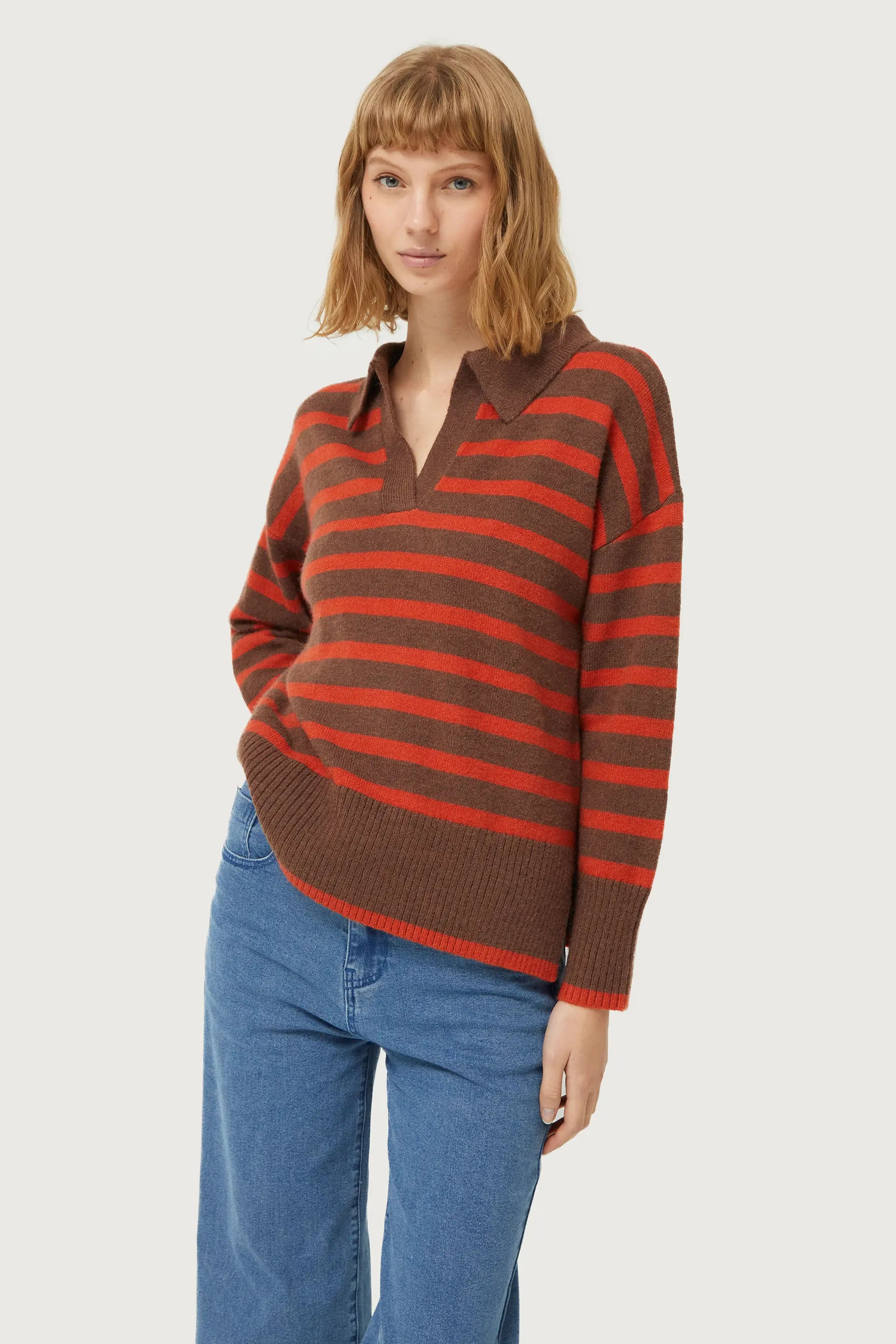 COMPANIA FANTASTICA - Pull col polo rayé marron