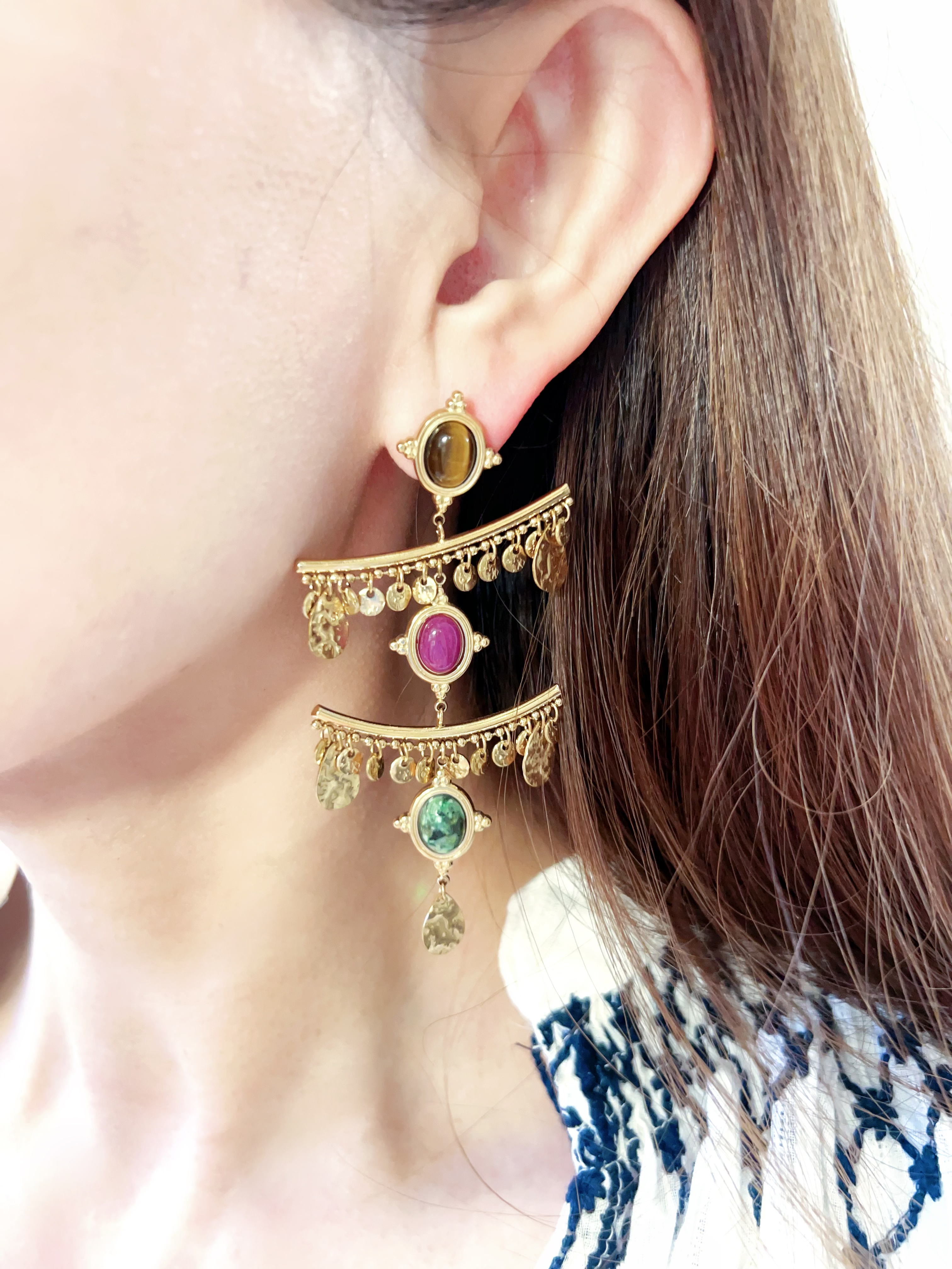 Boucles d'oreilles - HABAHA - oeil de tigre barre pampilles