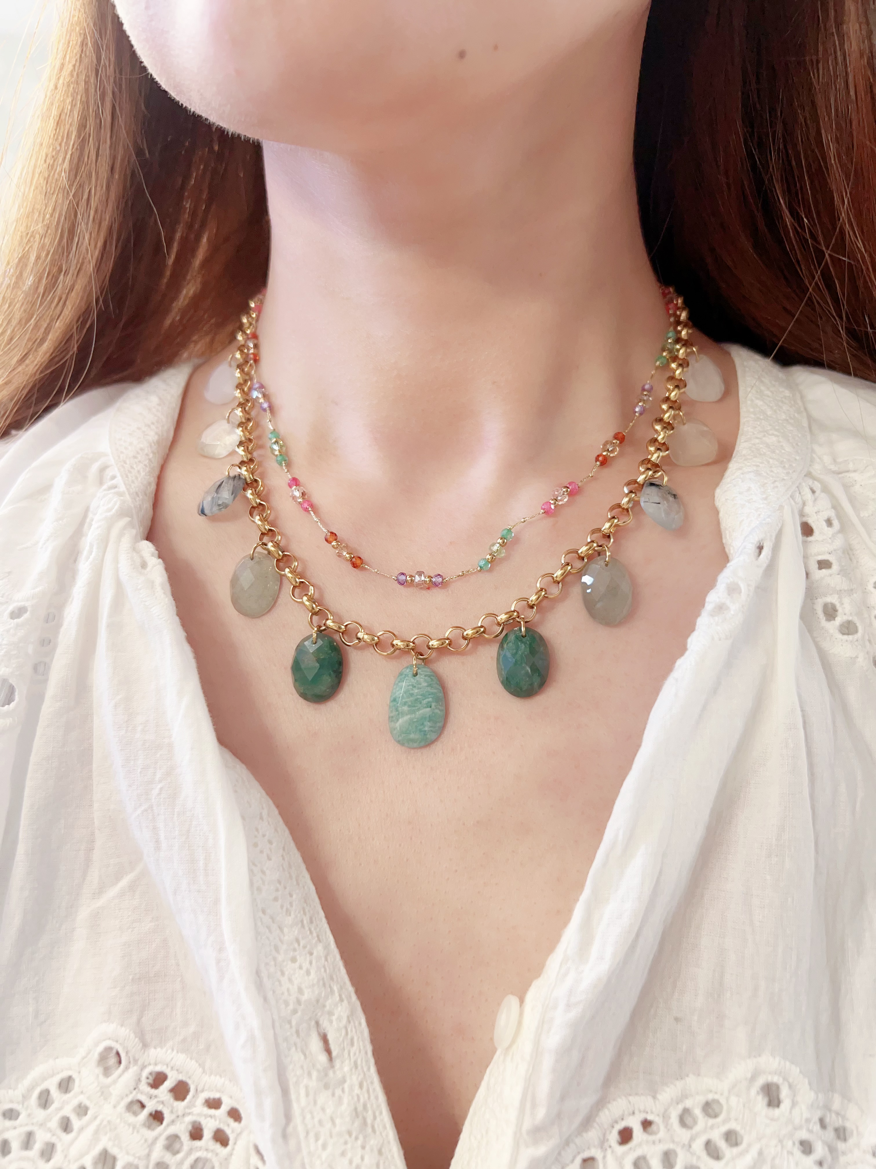 Collier - Habaha Paris - Collier pampilles 9 pierres ovales chaine épaisse