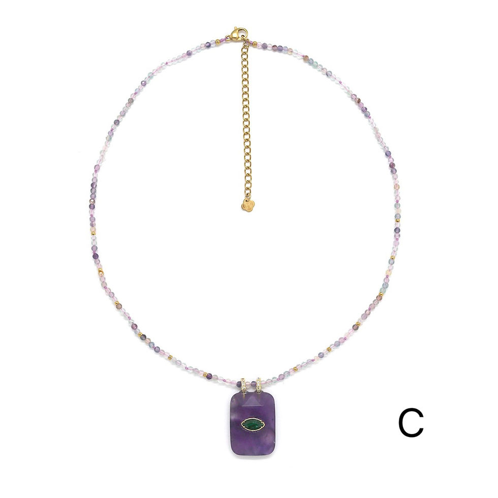 Thumbnail: Collier HABAHA - perlé pierre unique pendentif rectangle oeil