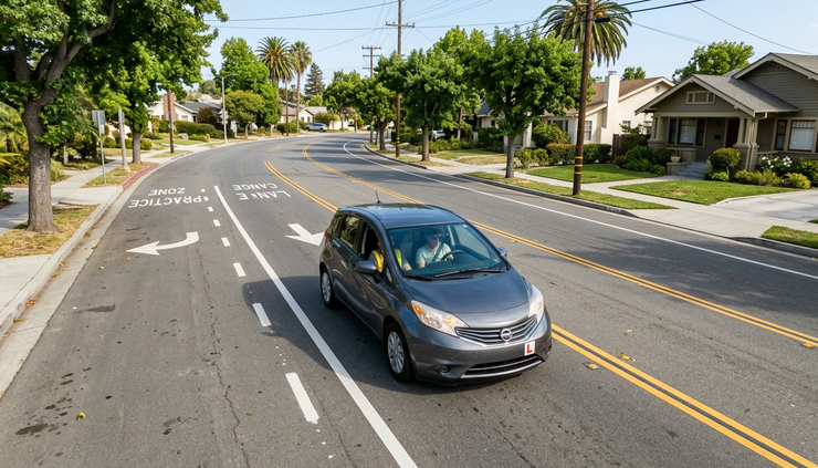High-angle view of a learner car centered in its lane on a calm California street.