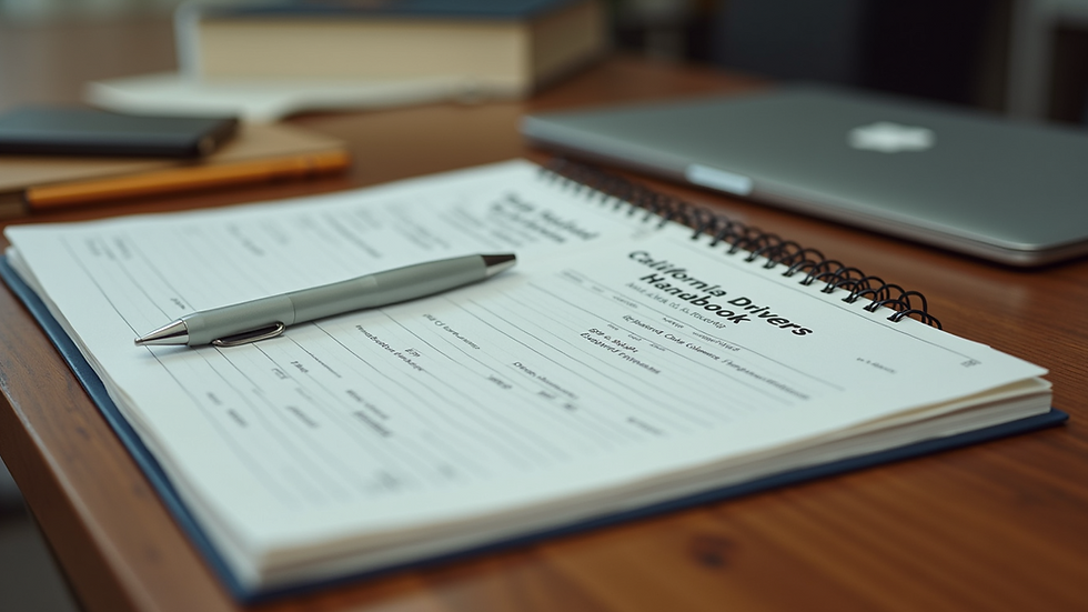Eye-level view of a study desk with California Driver Handbook and notes