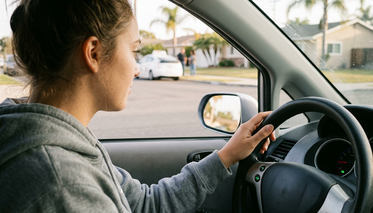 Close-up view of a driver hand using a turn signal before leaving a curb.