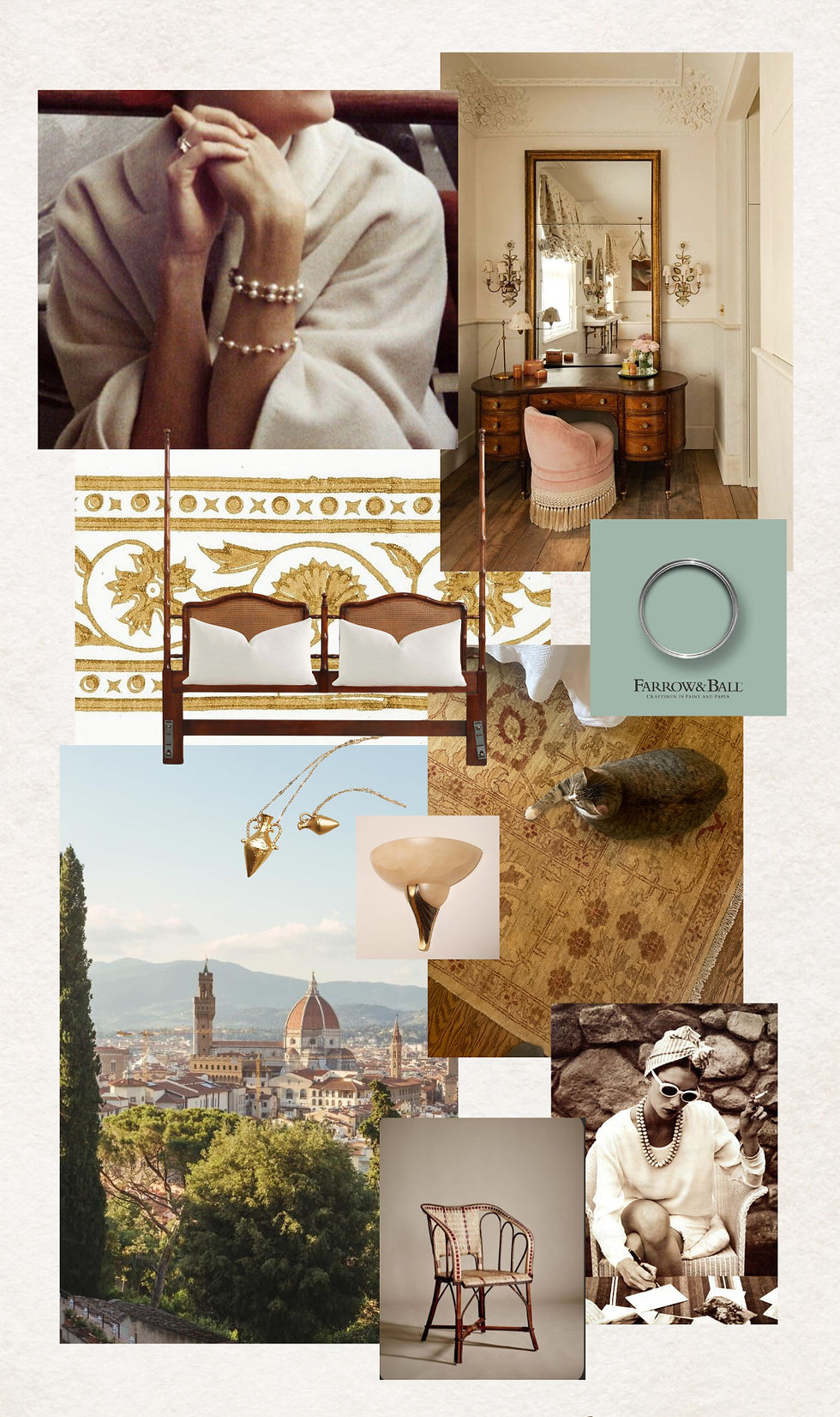 A mood board for a Californian-Italian primary bedroom, featuring a Pakistani rug in gold and ochre hues, a fauz bamboo headboard, light fixtures, delivate jewelry, a feminine antique vanity, and picture of Florence, Italy