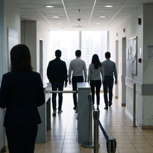 A documentary-style photo taken from behind a woman in a dark suit. She stands at a reception desk, receiving a white lanyard from an outstretched hand. Through a low turnstile and rope barrier, four people walk away down a bright corridor toward a large window looking out at a blurry city. Blurred signs are on the walls.