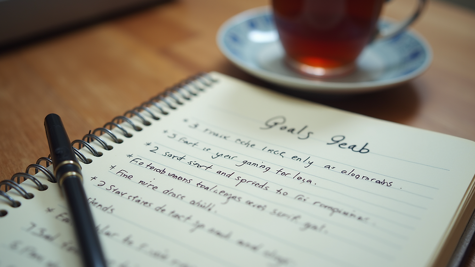 Close-up view of a notebook with handwritten goals and a cup of tea nearby