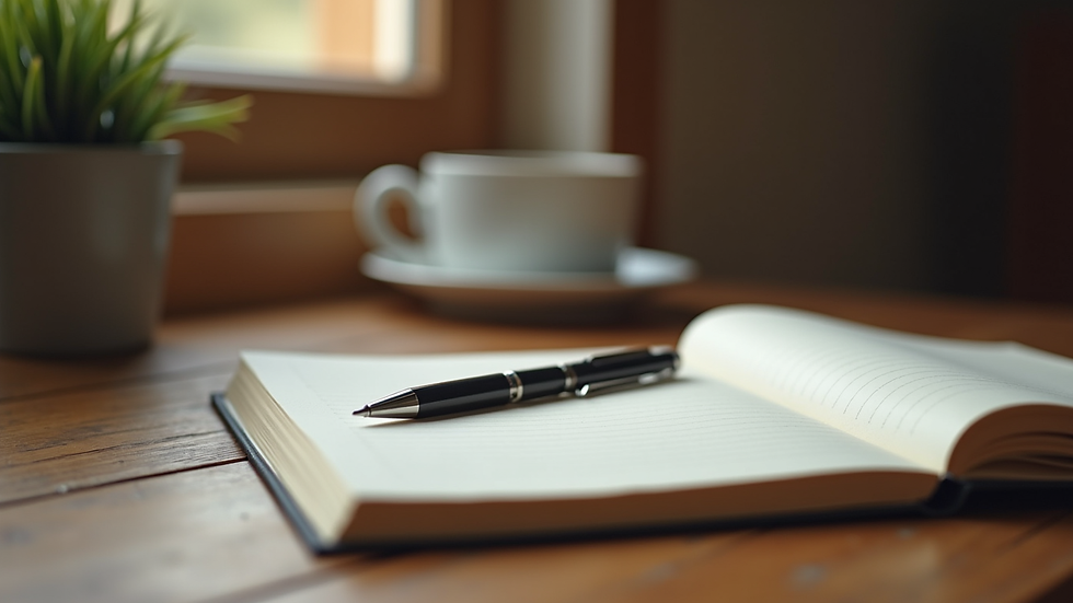 Eye-level view of a cozy workspace with a journal and pen