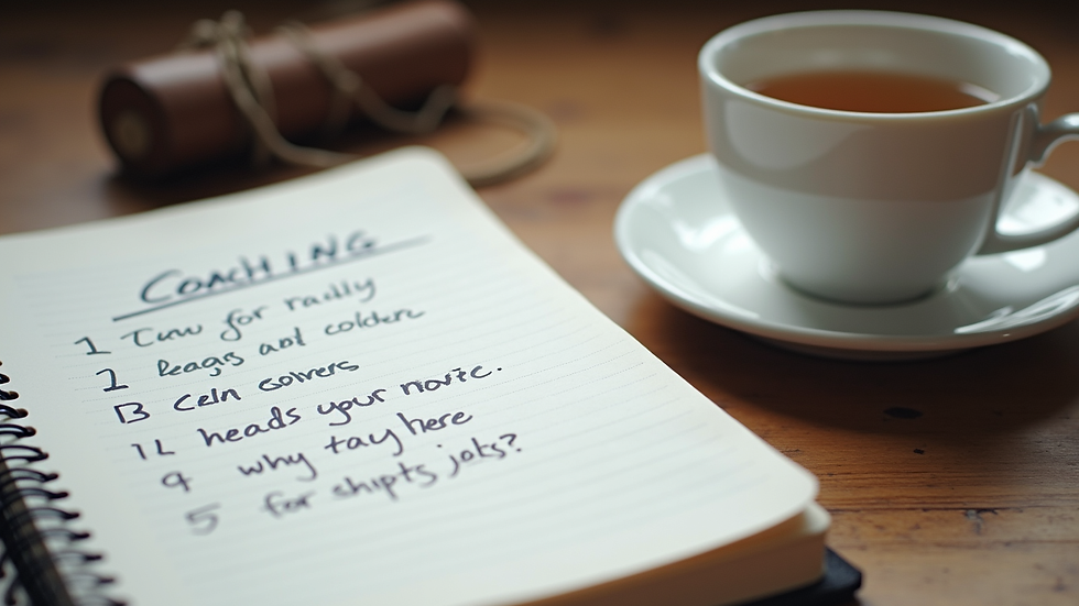 Close-up view of a notebook with handwritten coaching questions and a cup of tea