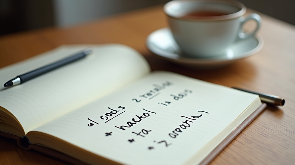Close-up view of a notebook with handwritten goals and a cup of tea on a wooden desk