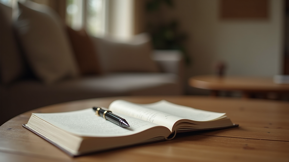 Eye-level view of a cozy room with a journal and pen on a wooden table