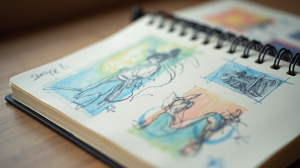 Close-up view of a journal with colorful sketches and handwritten notes