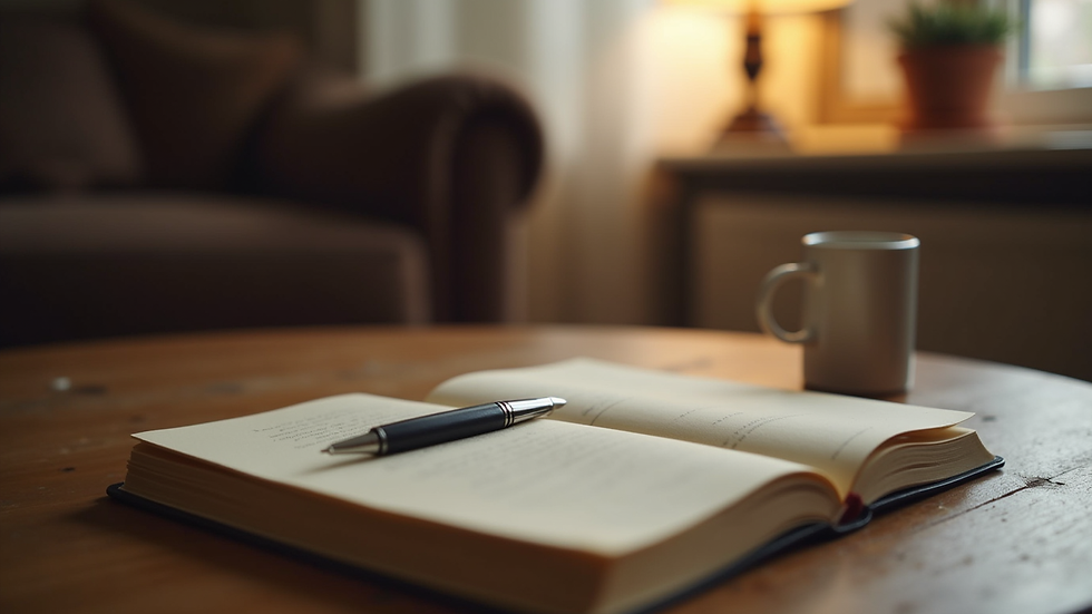 Eye-level view of a cozy room with a journal and pen on a wooden table