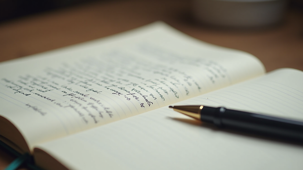 Close-up view of a journal with handwritten notes and a pen