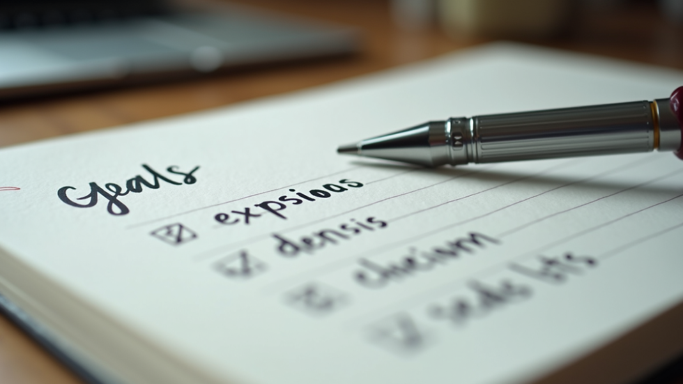 Close-up view of a notebook with handwritten goals and a pen resting on it