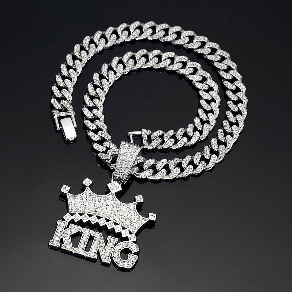 Thumbnail: Men Hip Hop Crown with King Pendant Necklace with 13mm Crystal Cuban Chain HipHo