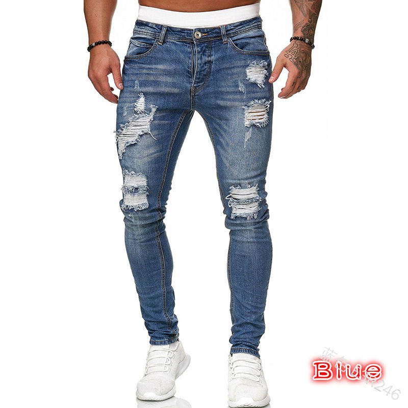 Miniatura: Jeans Masculino Skinny Rasgado Estilo Streetwear 2023, Lavagem Vintage, Cor Lisa
