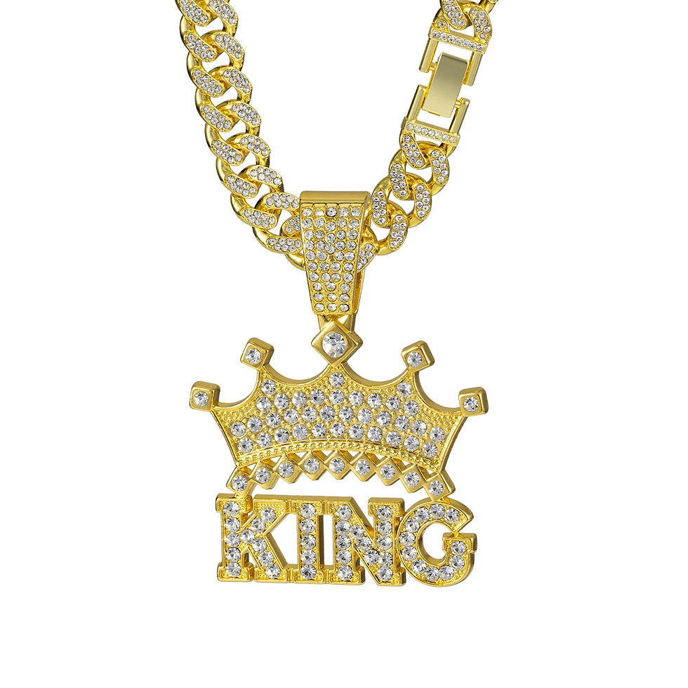Thumbnail: Men Hip Hop Crown with King Pendant Necklace with 13mm Crystal Cuban Chain HipHo