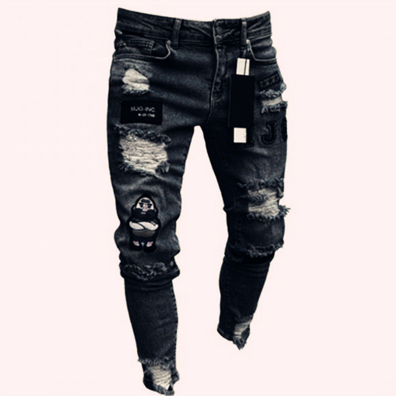 Miniatura: Jeans Masculino Skinny Rasgado Estilo Streetwear 2023, Lavagem Vintage, Cor Lisa