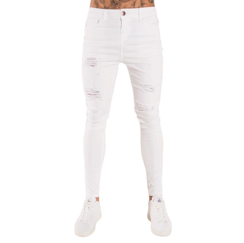 Miniatura: Jeans Masculino Skinny Rasgado Estilo Streetwear 2023, Lavagem Vintage, Cor Lisa