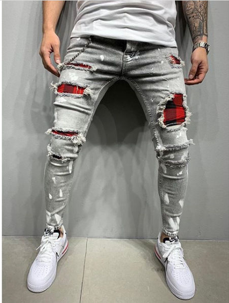 Miniatura: Jeans Masculino Skinny Rasgado Estilo Streetwear 2023, Lavagem Vintage, Cor Lisa