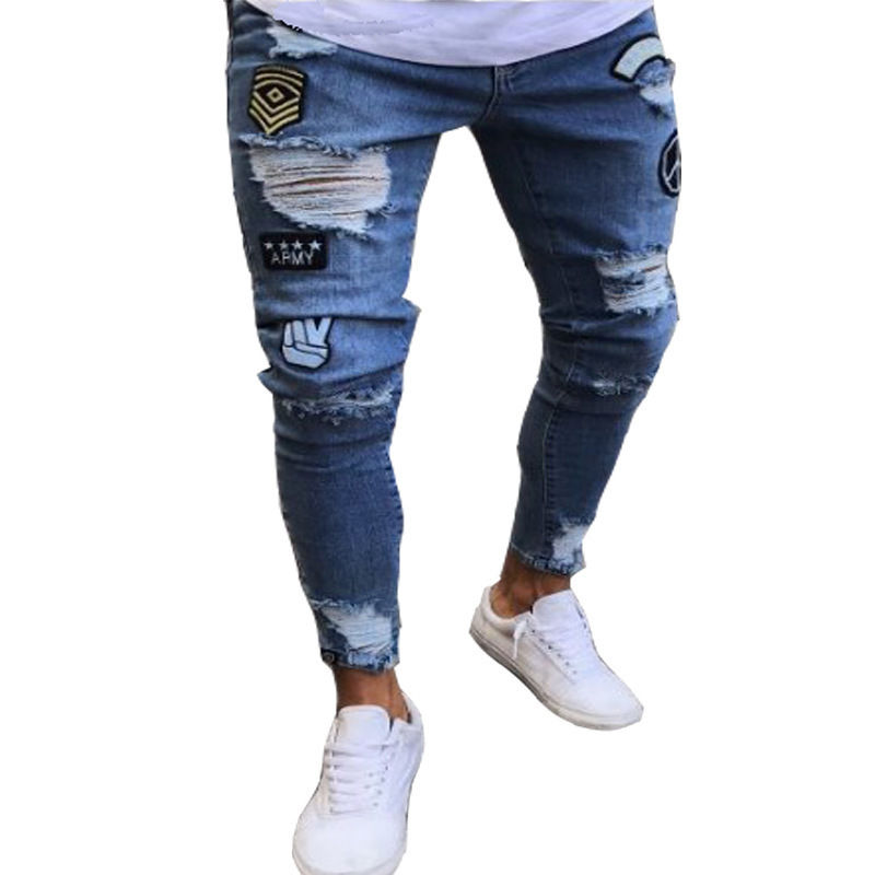 Miniatura: Jeans Masculino Skinny Rasgado Estilo Streetwear 2023, Lavagem Vintage, Cor Lisa