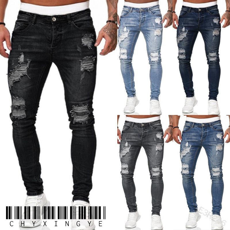 Miniatura: Jeans Masculino Skinny Rasgado Estilo Streetwear 2023, Lavagem Vintage, Cor Lisa