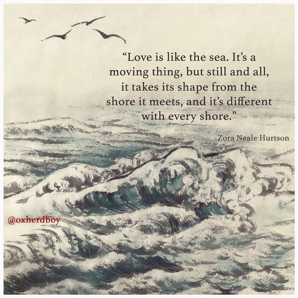 Oxherd Boy webcomic illustrating a quote "Love is like the sea. It's a moving thing, but still and all, it takes its shape from the shore it meets, and it's different with every shore." - Zora Neale Hurston, "Their Eyes were Watching God"