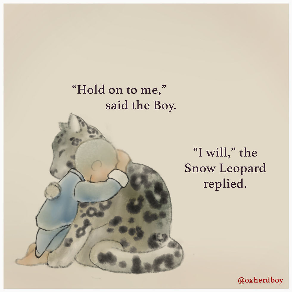 Oxherd Boy comic showing the boy comforting a snow leopard. Beautiful Chinese painting inspiring words