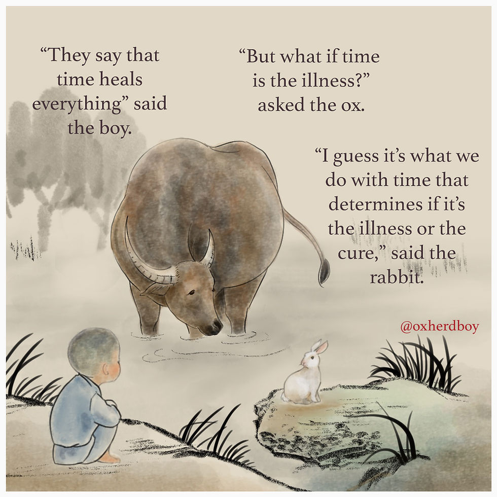 A boy in traditional Chinese farmer clothing sits with a rabbit on an ox. They say that time heals everything But what if time is the illness I guess it's what we do with time that determines if it's the illness or the cure. Inspiring words beautiful Chinese painting children's illustration