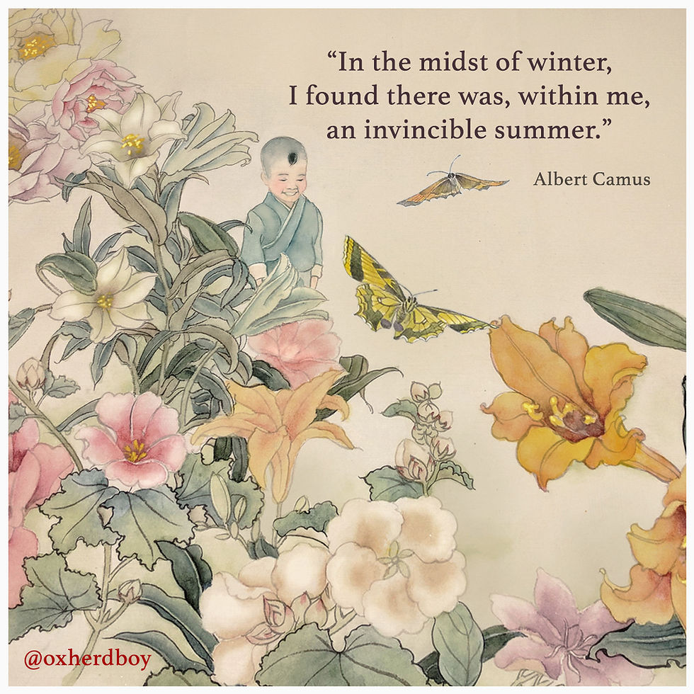 Oxherd Boy comic showing a boy in traditional Chinese farming clothes smiling as he walks through a flowering garden with butterflies ahead of him. Albert Camus In the midst of winter, I found there was, within me, an invincible summer. Chinese painting, children's illustration, inspiring words.