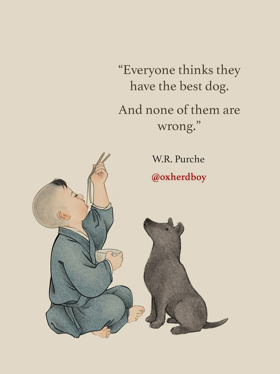 oxherd boy everyone thinks they have the best dog and none of them are wrong w r purche. An inspirational drawing with a rabbit sitting on top of an ox's bowed head as he looks up at her. chinese painting asian art