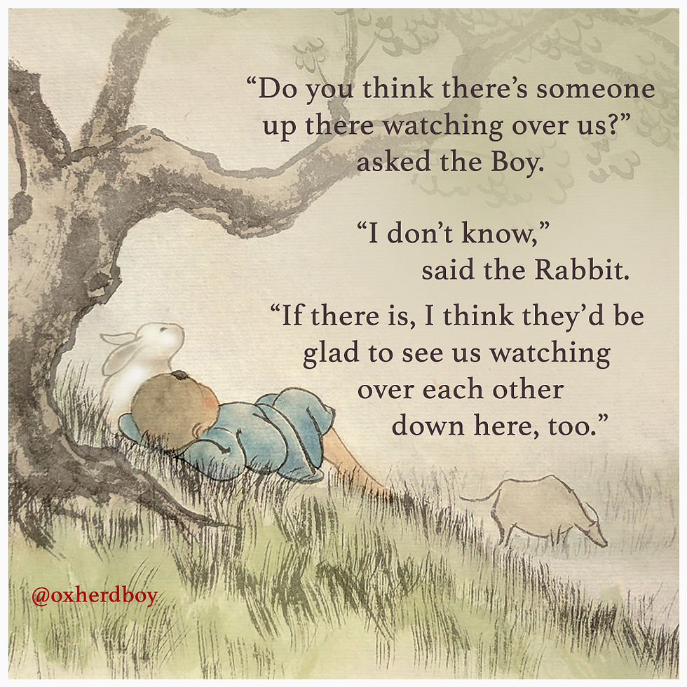 Rabbit and boy pastoral country scene someone watching over us watching over me beautiful illustration inspiring quote Chinese painting Oxherd Boy