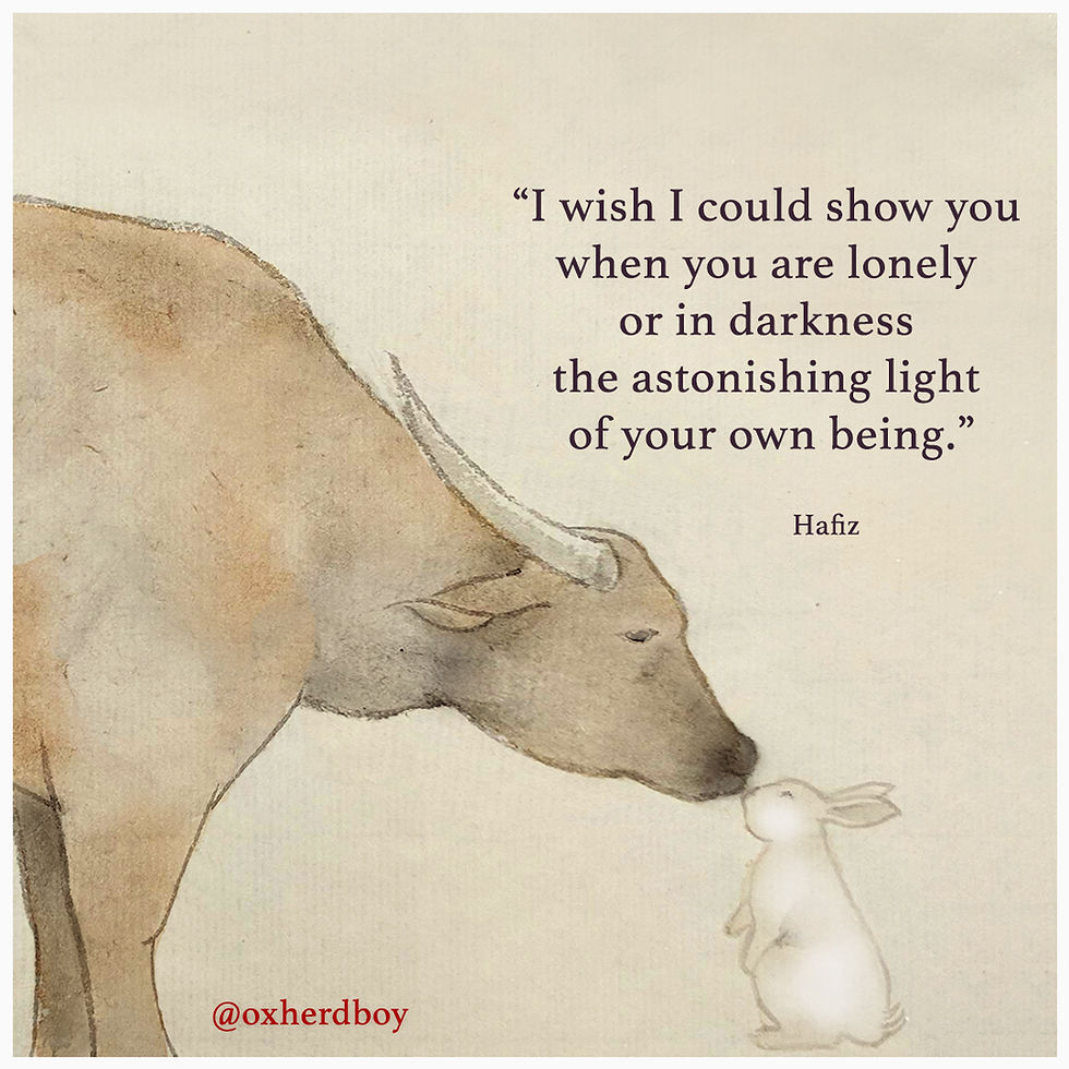 Oxherd Boy comic ishowing the ox and the rabbit illustrating a quote by Hafiz. I wish I could show you when you are lonely or in darkness the astonishing light of your own being. Beautiful Chinese painting inspiring words