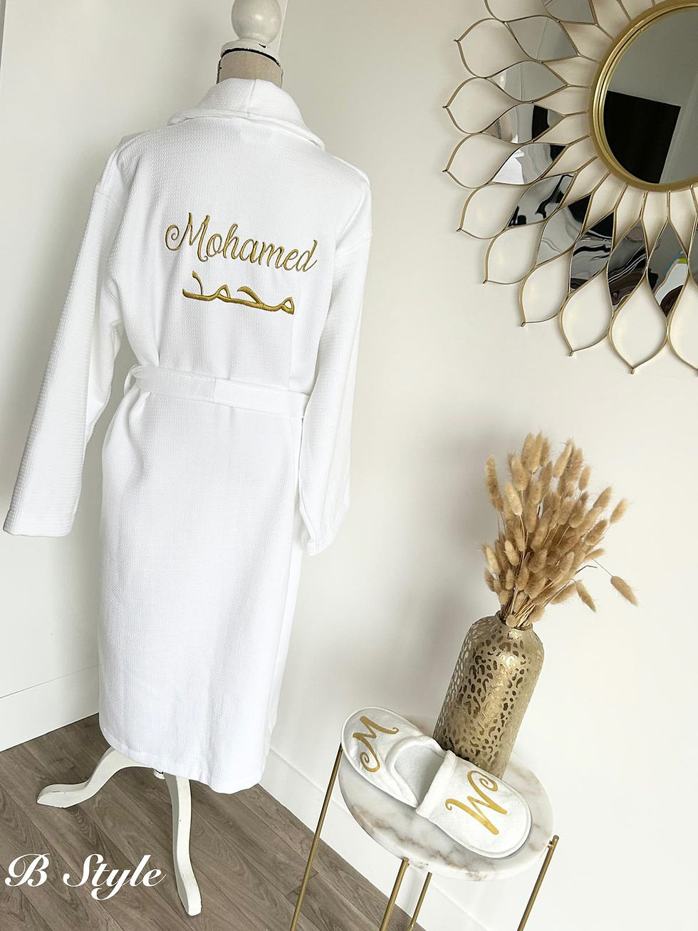 Miniature : peignoir de bain blanc en nid d'abeille, peignoir mariage personnalisé avec prénom en broderie B Style