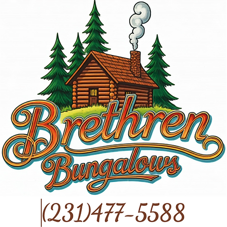 Brethren Bungalows logo under cabin surrounded by pine trees